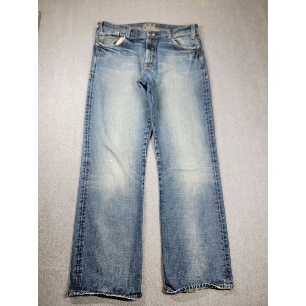 Mavi Mens Jeans 36x32 Zach Straight Mid Rise Cotton Medium‎ Blue Logo Distressed